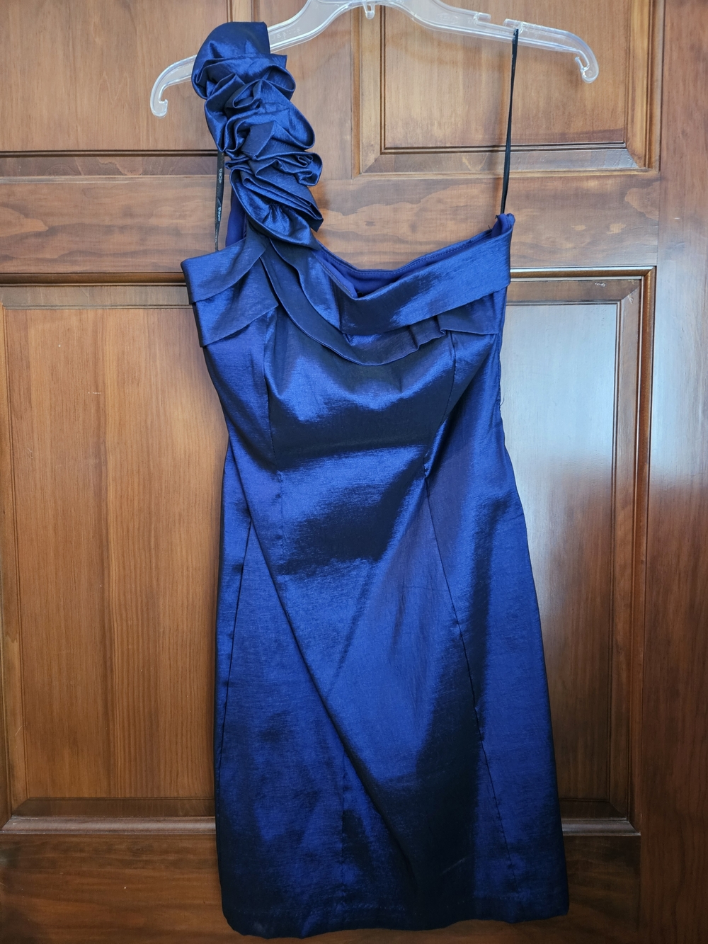 Snap One-Shoulder Royal Blue Satin Dress with Rosette Strap